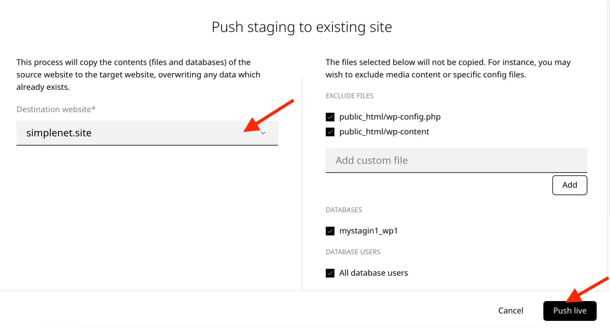push staging to existing site
