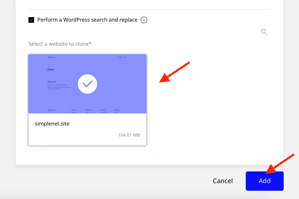 selectează site-ul pe care vrei să-l clonezi