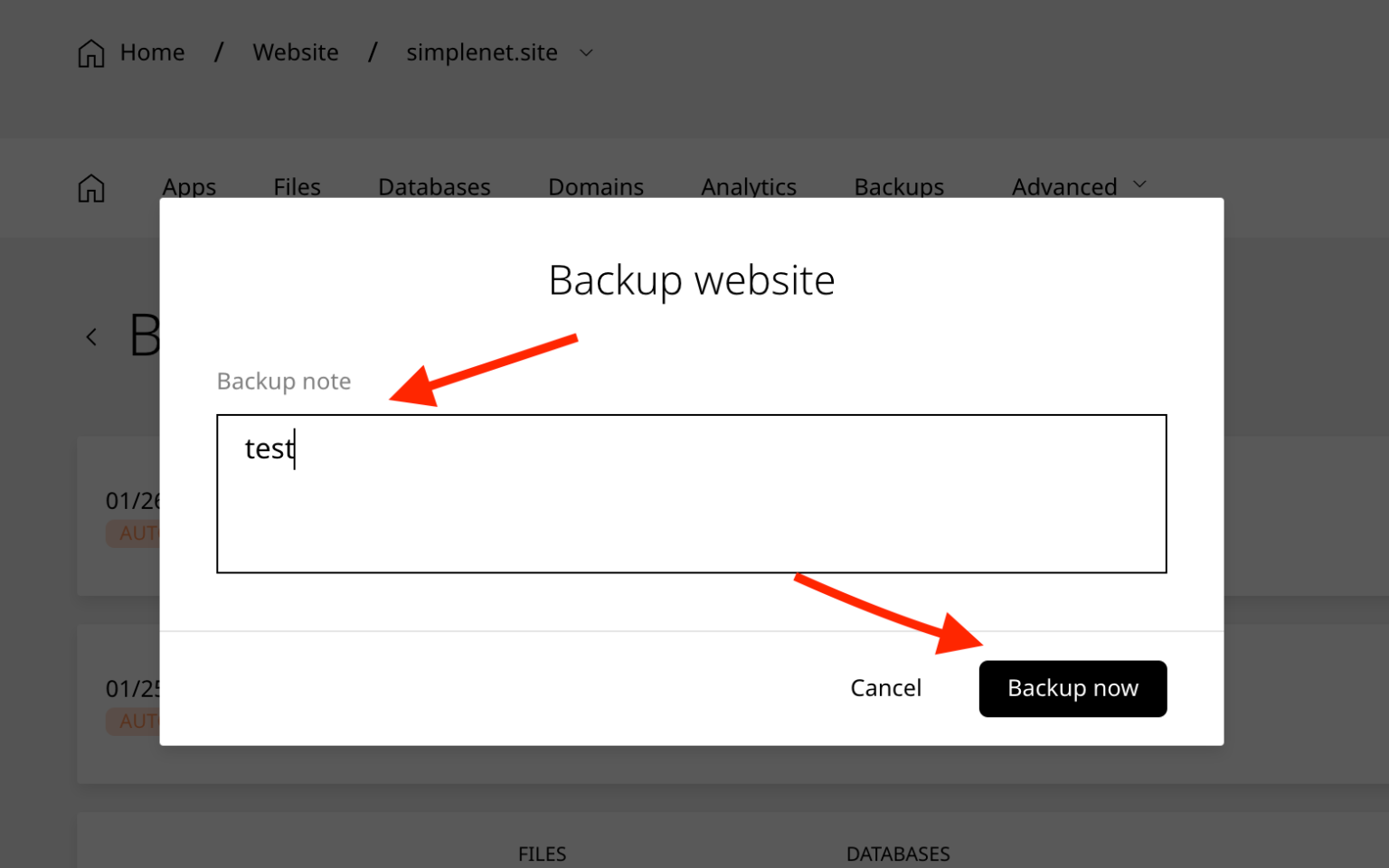 scrie nota cu denumirea backup-ului apoi apasă pe butonul Backup now