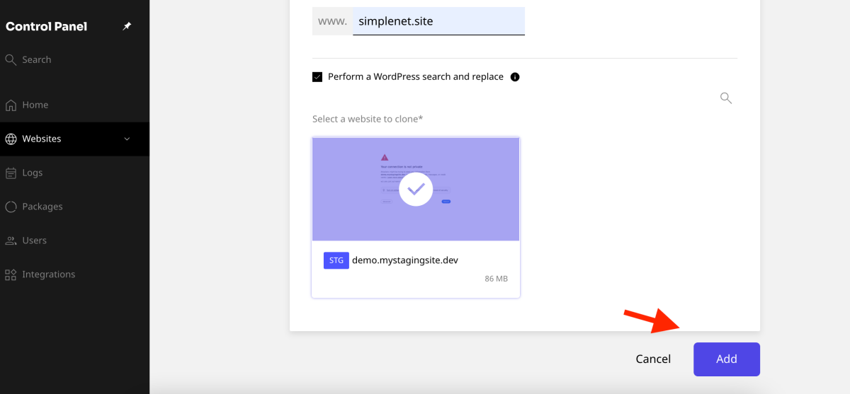 butonul add pentru a clona un website