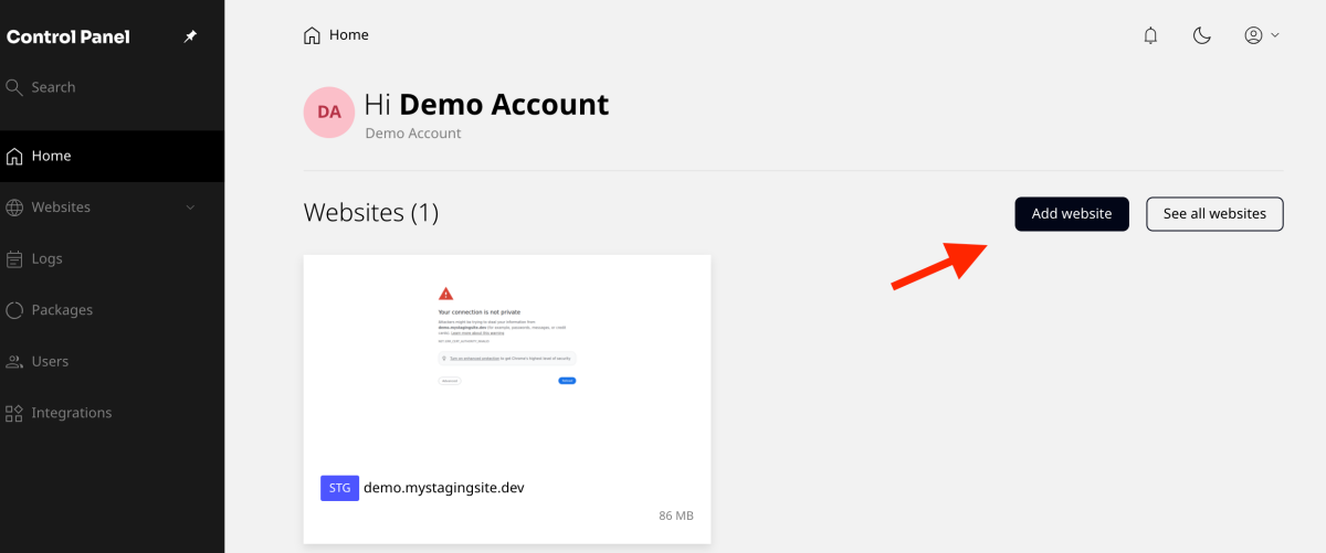 butonul add website din panoul de control al găzduirii WordPress
