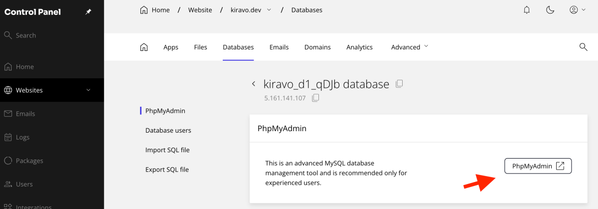 apasă pe butonul PhpMyAdmin