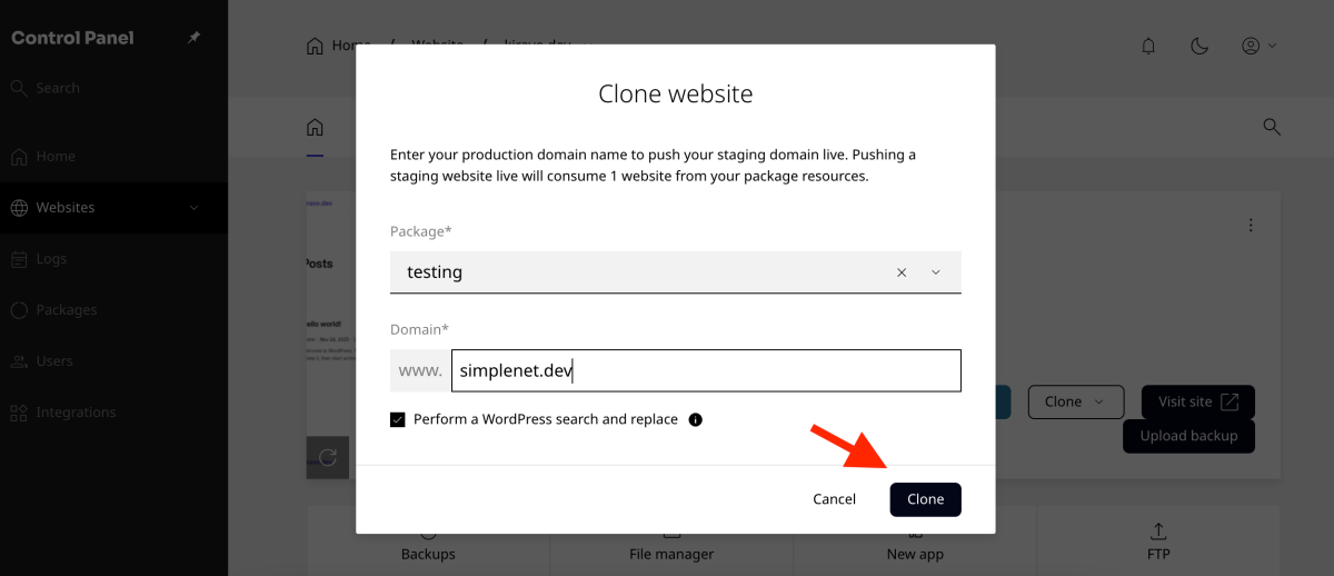 clonare pe un domeniu nou