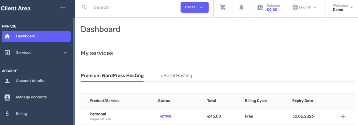 dashboard client Simplenet