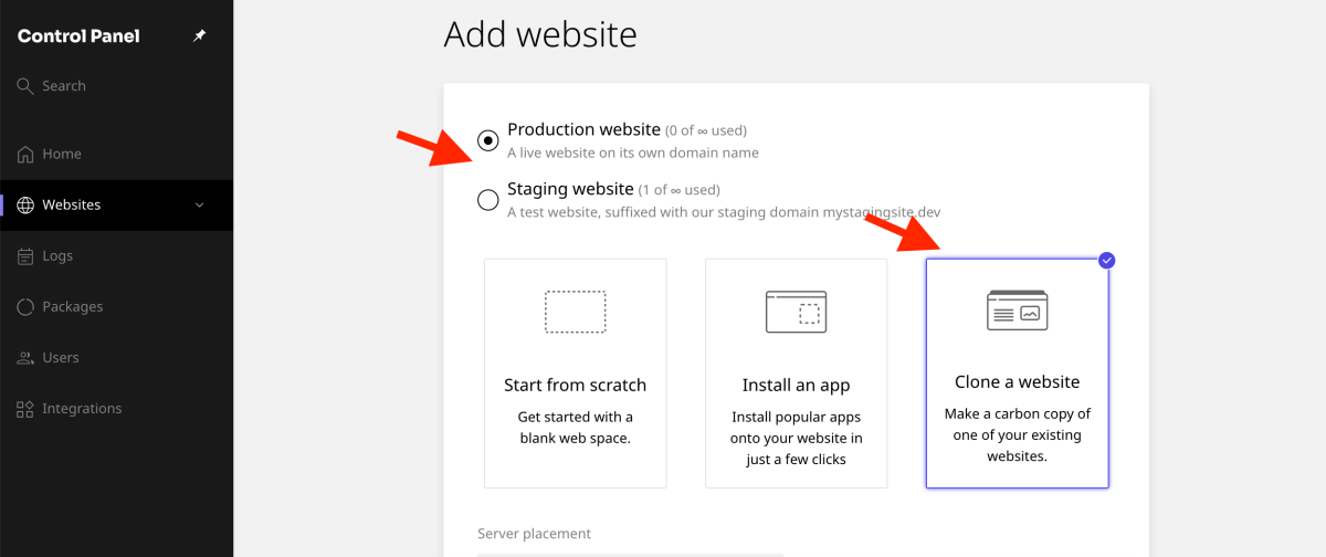 opțiunea Clone a website
