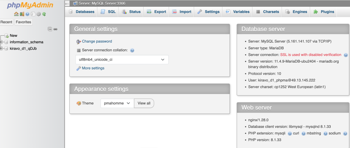 PhpMyAdmin dashboard