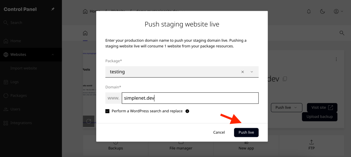 push live to new domain