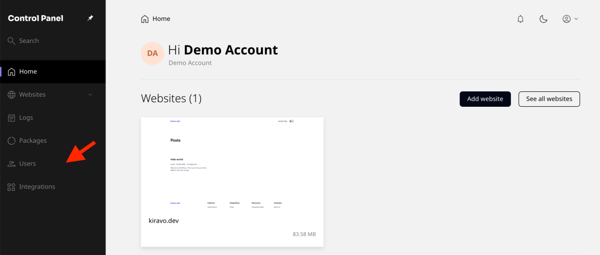sectiunea Users din panoul de control