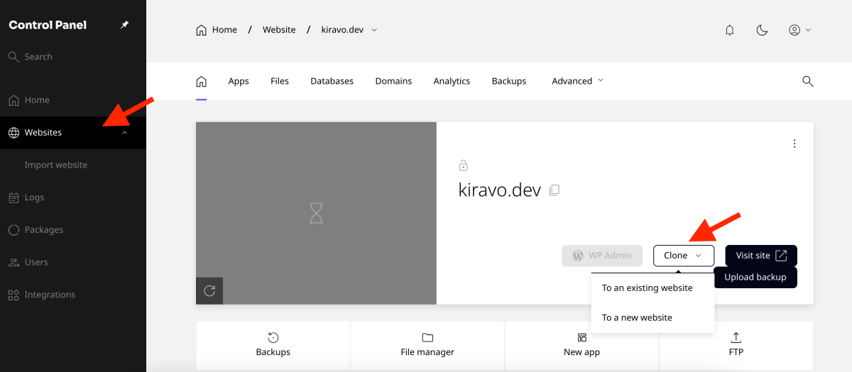 secțiunea Websites, click pe site-ul dorit, apoi apasă butonul Clone