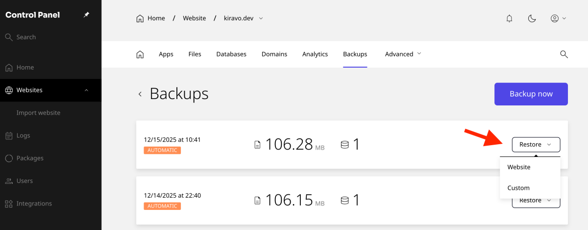 buton restore bakcup