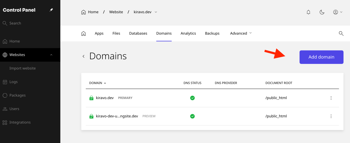 secțiunea Domains apasă pe butonul Add domain