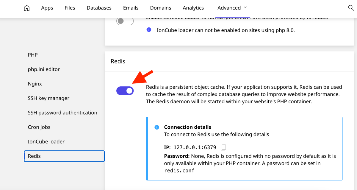 activare redis object cache din panoul de control al găzduirii WordPress