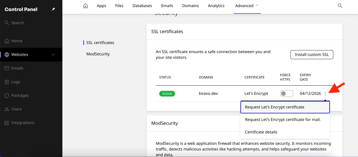 apasă pe cele trei puncte din dreptul domeniului, apoi click pe Request Let's Encrypt Certificate
