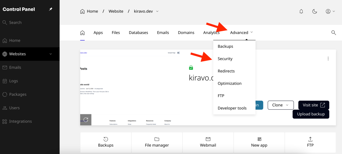In panoul de control, mergi la secțiunea Advanced, apoi din meniul scroll-down alege Security