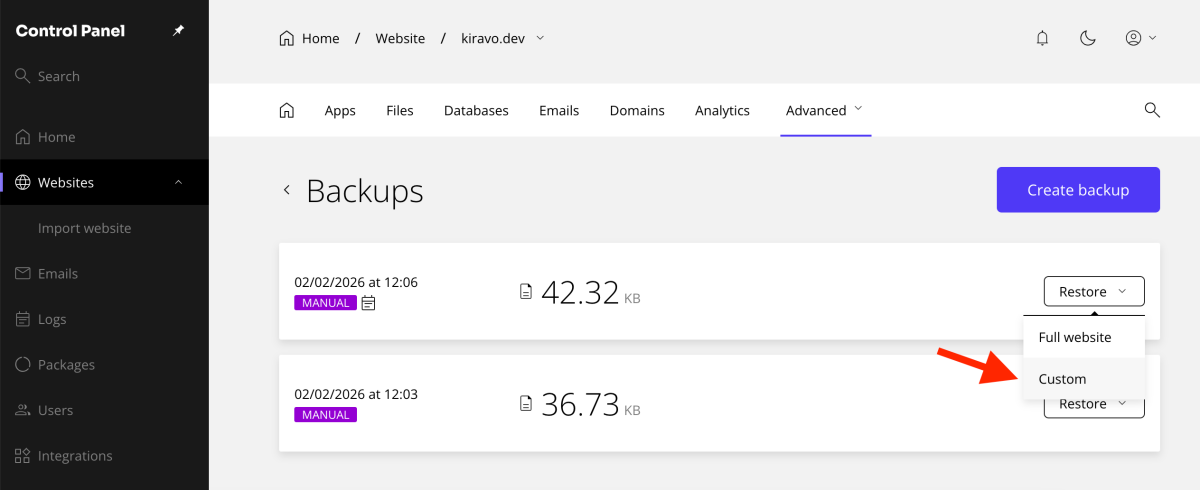 opțiunea custom din secțiunea backups
