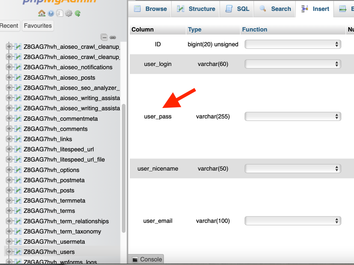 câmpul user_pass in phpMyAdmin