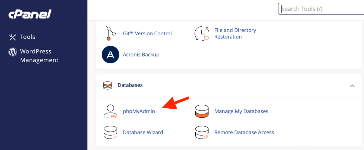 phpmyadmin la secțiunea Databases în cPanel