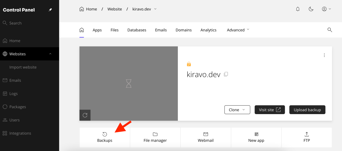 sectiunea backups din panoul de control