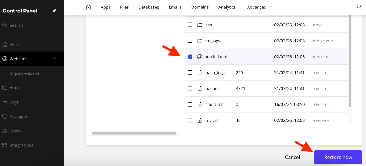 selectează public_html apoi apasă butonul Restore now