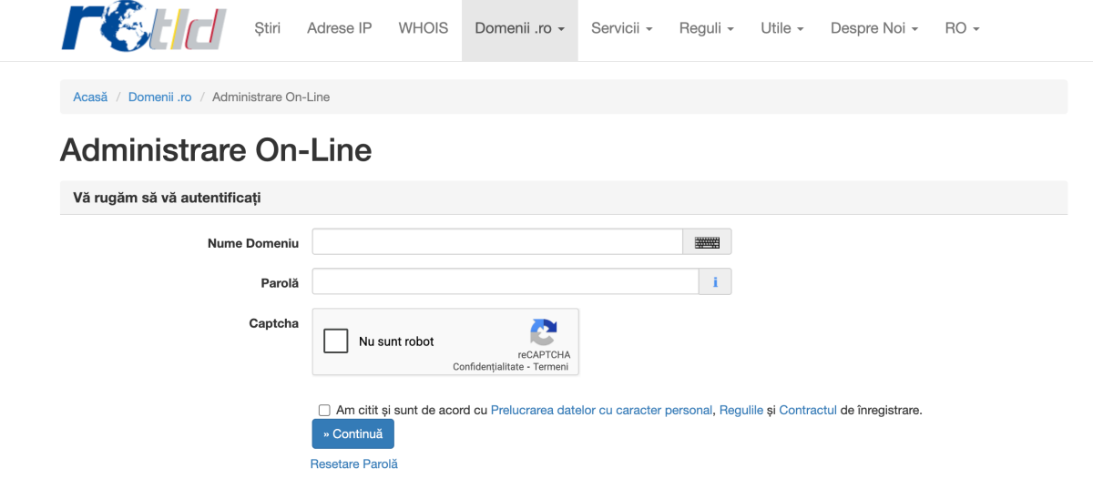 autentificare in contul RoTLD