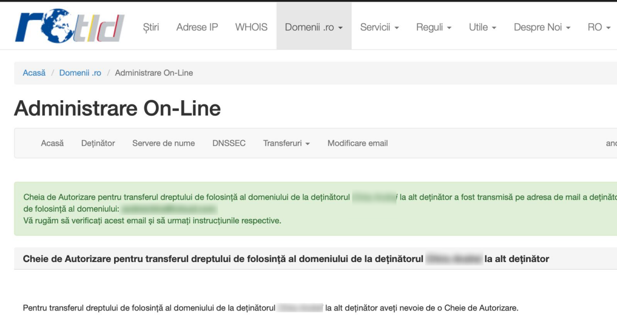 mesaj de trimitere a mailului pe adresa asociata domeniului