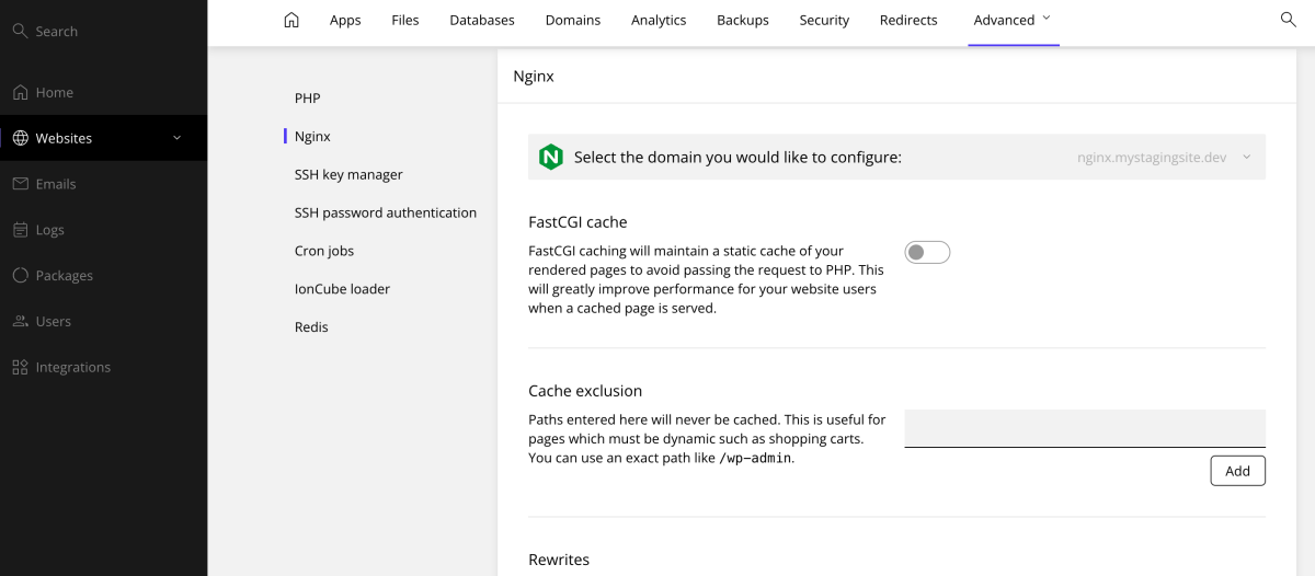 zona de gestionare NGINX din panoul de control