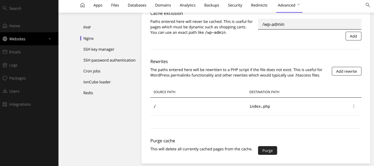 butonul de purge cache din panoul de control