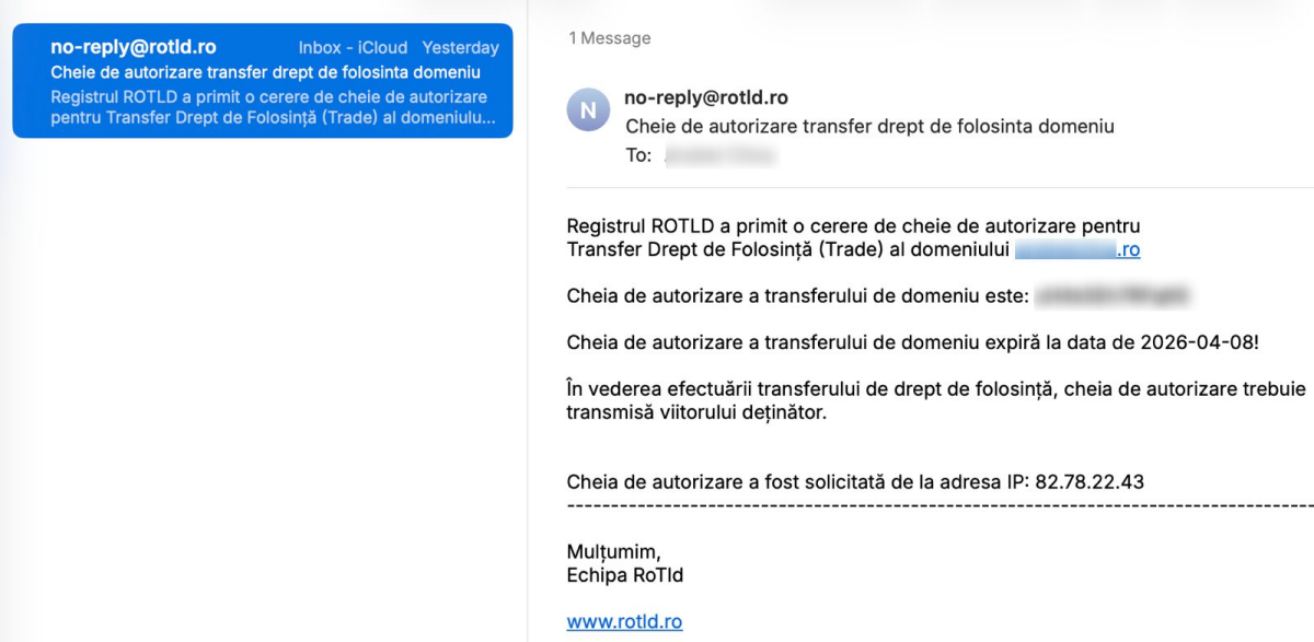 mail de la rotld cu cheia pentru transferul dreptului de folosinta